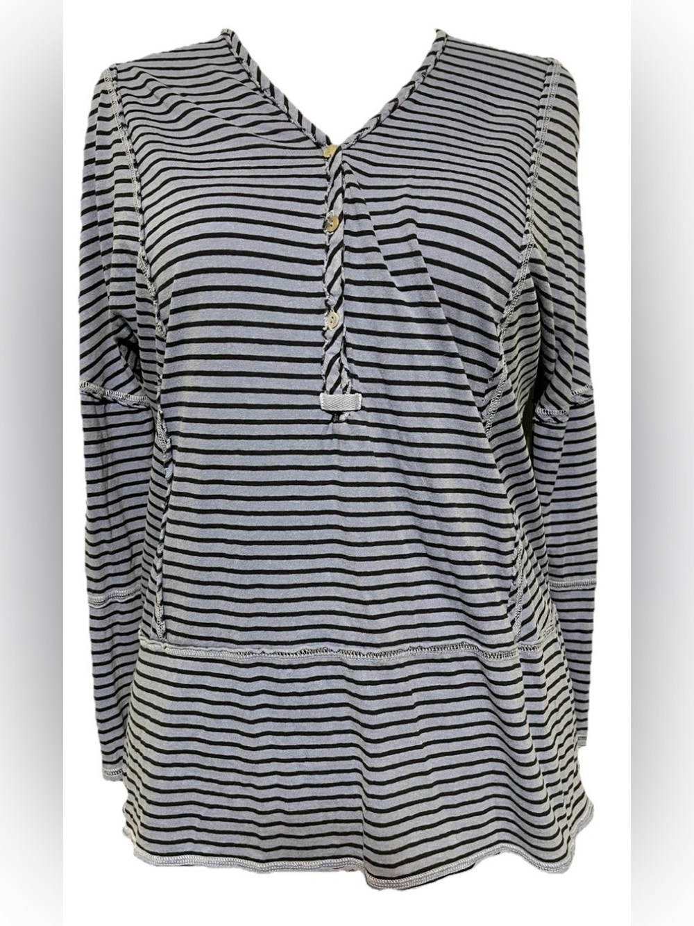 Sundance Blue V Neck Stripe Long Sleeve Henley Top Raw Edges Oversized Small